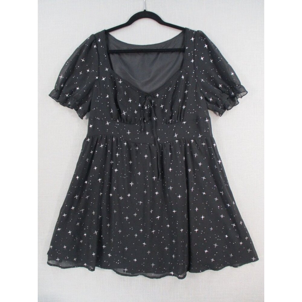Cider Womens Starry Night Dress‎ 1XL Black Sheer Short Sleeve Empire Waist